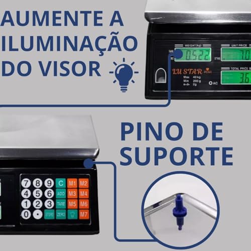 Balança Digital Eletrônica Comercial Display Duplo Bivolt 110/220v Pesa de 200g até 40kg