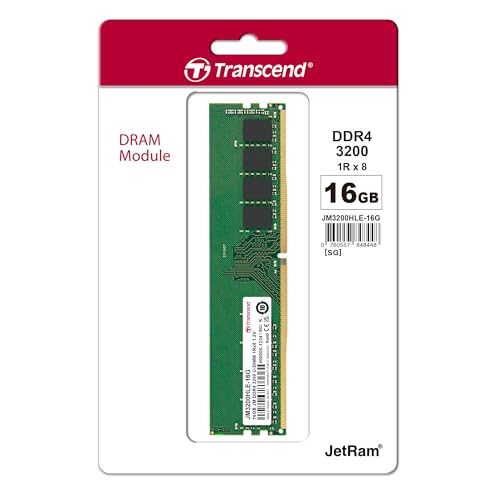 Image of Transcend 16GB DDR4 3200 MHz Desktop Memory, up to 25.6GB /s. - 288 pin, 1.2V, 1Rx8, CL22 DIMM Type - Unbuffered Long-DIMM Memory - JM3200HLE-16G