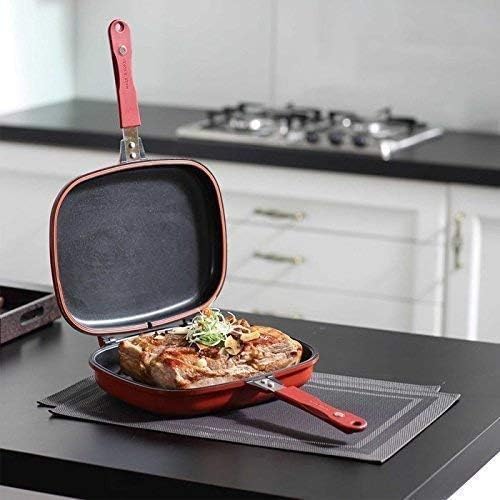 Image of Magic Double-Sided 28cm Flip Grill Pan with Ceramic Non-Stick Coating & Magnetic Lock Handles - Foldable Happy Call Style Frying Pan, Oil-Sealed Design, Gas Stove Compatible (Red).