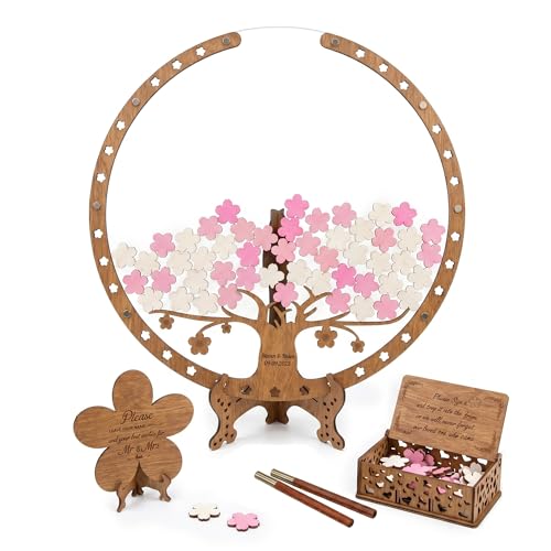 Image of Wedding Guest Book Alternative Wooden Cherry Blossom Tree Drop Chip Sign-In | Personalized rustic sakura heart drop box keepsake for spring weddings, holds 40-250 guest wooden hearts as sign-in decor