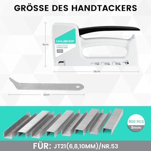 HAUSHOF Handtacker Tackerpistole Polsterung Heftpistole Holztacker für Klammern Typ 53, mit 800 Klammern 8mm und Klammerentferner für Holz, Stoff, Möbel