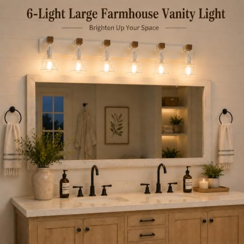 Image of Farmhouse Vanity Light Fixture,6-Light Bathroom Lighting,White Modern Wood Wall Light Over Mirror with Metal Shade,LED Bulbs Not Included