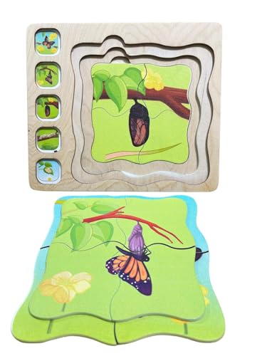 Image of Butterfly Life Cycle Puzzle for Kids, Wooden Puzzle with Layers Showing Butterfly Transformation, Ages 2+ | Aligator Life Cycle Jigsaw Puzzle -Fun &Animal Puzzle | Combo Pack of 2