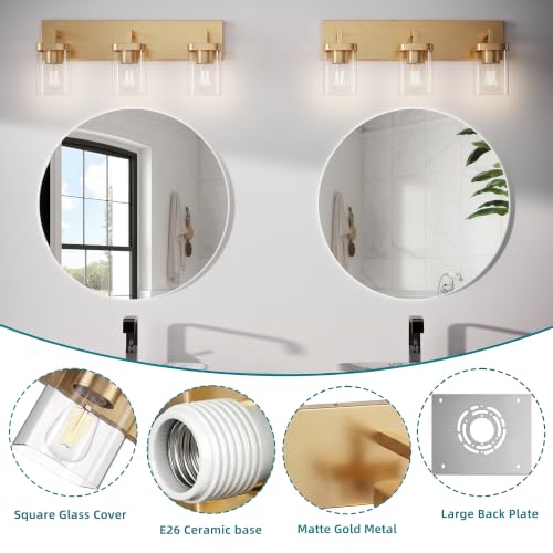 Image of Bathroom Lighting Fixtures Over Mirror, Square Design & Rectangle Large Backplate, 3 Lights Modern Vanity Lighting Fixtures, Bathroom Light Fixtures for Bathroom /Living Room /Bedroom, Gold
