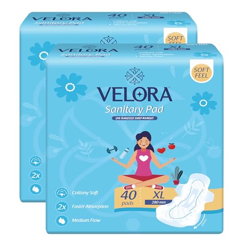 Image of Velora Dry Feel XL Sanitary Pads for Women - 80 Pads Combo, Rash Free, Skin Friendly, Advanced Leak Protection, Trifold Sanitary Napkins (40 Pads Each-280MM)