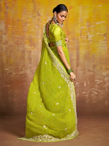 Image of Satrani Women'S Georgette Embroidery Bandhani Printed Saree With Unstitched Blouse Piece