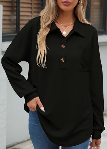 Image of ZAAYO Women Waffle Knit Tops Henley Shirts V Neck Long Sleeve Solid Color Casual Tunics Blouse