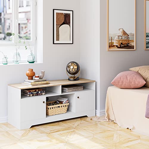 HOCSOK-Mueble-TV-Salon-para-Pantalla-de-41-Pulgadas-Mesa-de-Television-con-2-Puertas-y-3-Estantes-para-Almacenamiento-de-Madera-Blanco-105x40x52cm