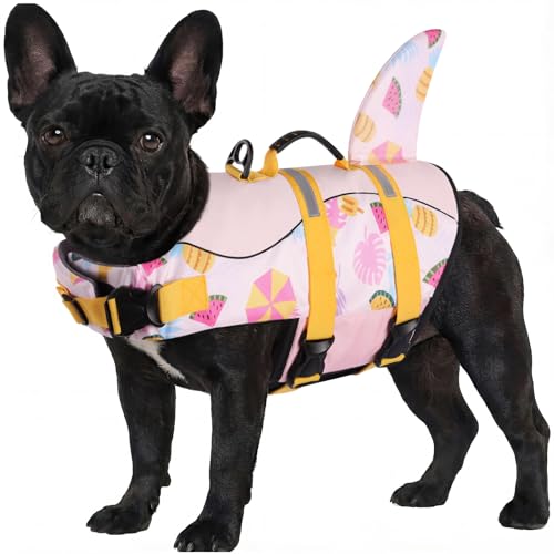 ASENKU Schwimmweste Hund, Hunde Rettungsweste zum Schwimmen, Bootfahren, Hunde Hai Schwimmwesten, Hunde Lebensretter Badeanzüge für Pool, Hunde Wasser Schwimmweste Sommerrosa S