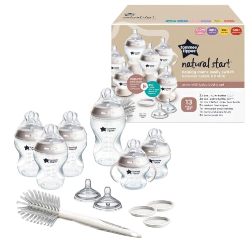 Image of Tommee Tippee Natural Start 12 Piece BPA Free Bottle Set, Includes 2 x 5 oz, 3 x 9 oz, 1 x 11 oz Bottles, Newborn 0+ Months, Slow, Medium & Thicker Flow Breast-Like Nipples, Cleaning Brush, Clear