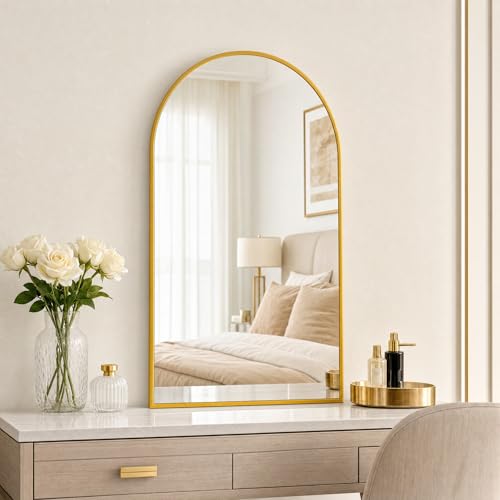 Image of BEAUTYPEAK 22 inchx30 inch Arch Bathroom Mirror, Wall Mounted Vanity Metal Frame Mirror for Bedroom, Entryway, Living Room, Gold