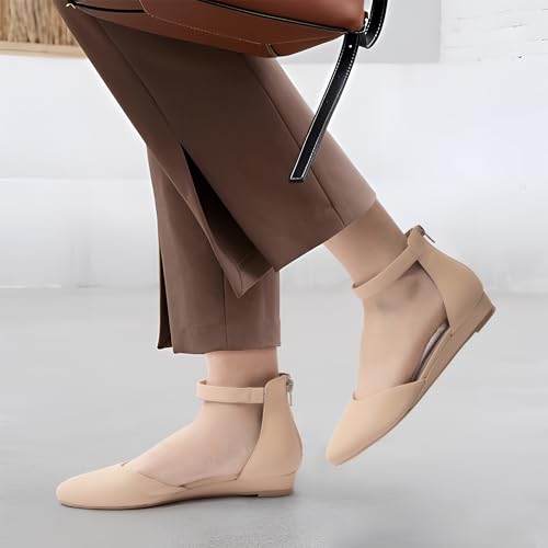Image of Cusolemore Women Flat Shoes with Ankle Strap, Low Wedge Heel Flats for Women, Comfortable Pointed Toe Dress Shoes for Work Business Wedding