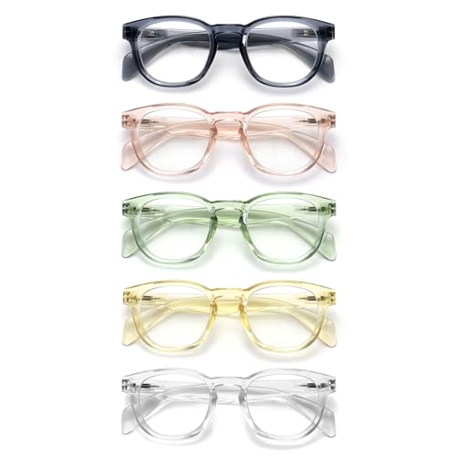 OPULIZE AWE – Lot de 5 lunettes de lecture rondes rétro bloquant la lumière bleue pour homme et femme, protection UV – Bleu transparent, rose, vert,...