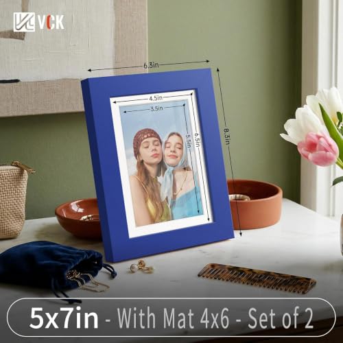 Image of VCK 5x7 Picture Frame 2 Pack, Blue Wood, 4x6 Mat, Glass, for Photo Print