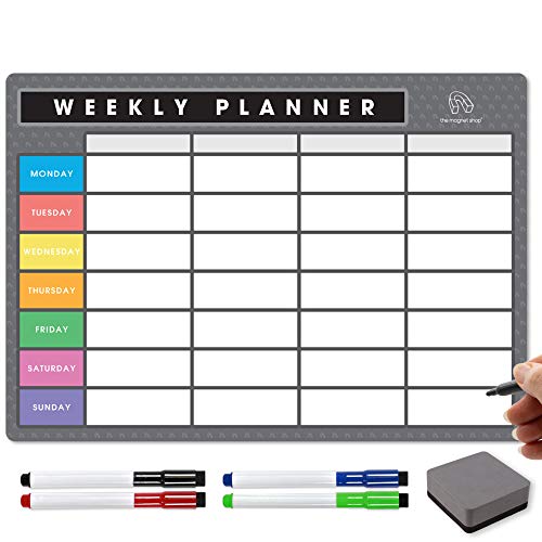 TMS A4 Magnetic Weekly Planner and Organiser | Customisable Whiteboard for Family, Business Tasks, Meal Planning | with 4 Premium Magnetic Dry Wipe Pen (Grey/Multi-Coloured Style 2 A4)