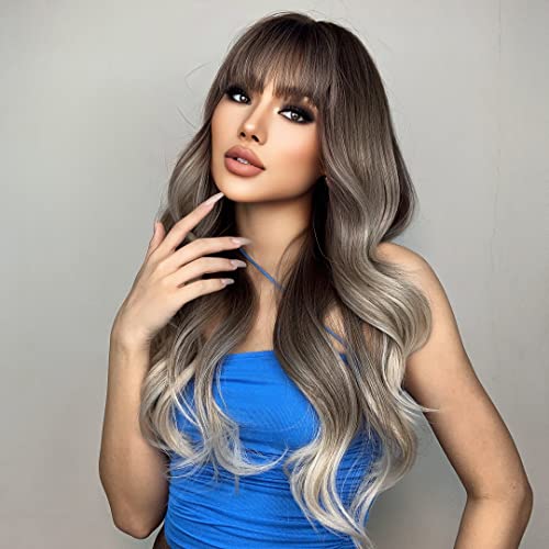 Jooler Ombre Blonde Wig With Bangs Long Ombre Brown And Blonde Wigs For Women Synthetic Wavy Ash Blonde Wigs For Daily Party 24 Inch Cosplay #TOP4