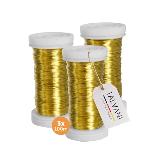 TALVANI Blumendraht [Grün | Gold] 100m x 0 35mm Bindedraht für Garten Floristik und DIY-Projekte Stabil und Flexibel - [3er| 5er] Stück Myrthendraht (3 Gold 3er)