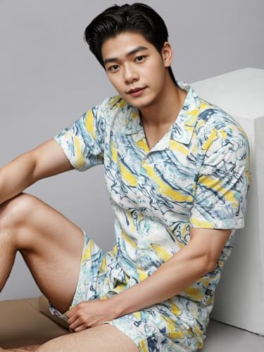 Image of Rigo Men's Rayon Printed Relaxed Night Suit Set Casual Co-Ords Set|Shirt And Short Set