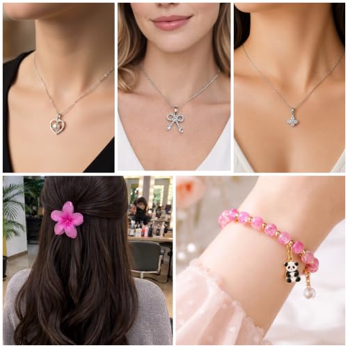 Image of Personalized Jewellery Gift Hamper for Women | Custom Name Happy Birthday Banner | 5 Pcs Set with 3 Necklaces, Charm Bracelet & Flower Hair Clutcher | Gift Box for Wife, Sister, Girlfriend