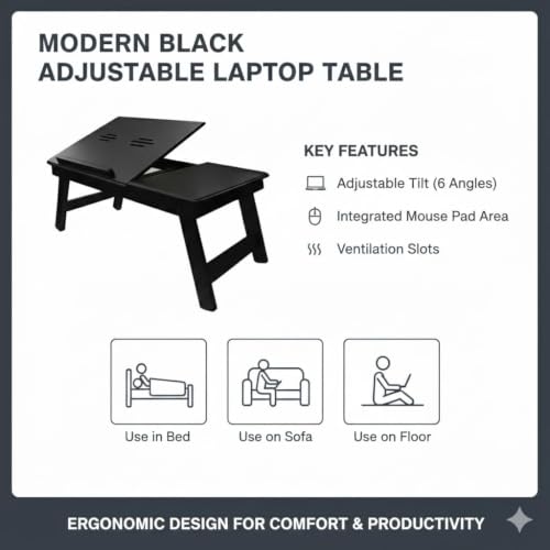 Image of WOOYNEX Wooden Laptop Table Standard Adjustable Study Table with Laptop, Portable Lap Desk, Multifunctional Bed Table with Drawer and Folding Legs (Brown a)
