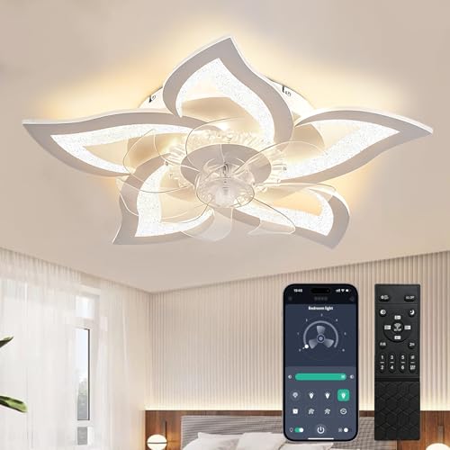 bedroom living room ceiling fan with lights,remote smart Dimming LED low profile...