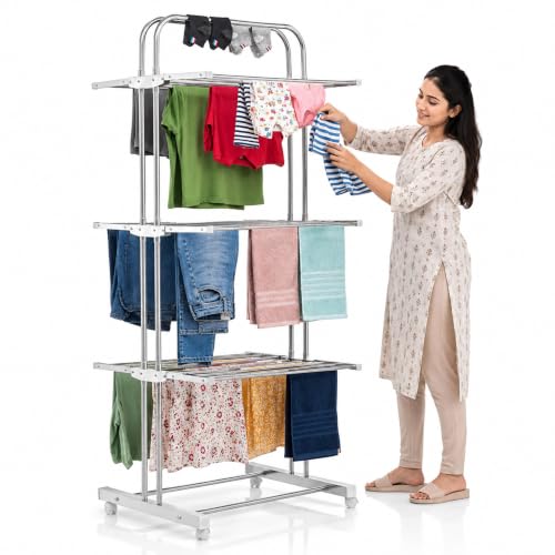 Image of JD FRESH 3 Tier Stainless Steel Clothes Drying Stand /Heavy Duty Rust Proof Laundry Rack with 360 Wheels /Foldable Cloth Hanger Stand & 24 Rods /Space Saving Cloth Dryer for Home, Balcony & Indoor Use