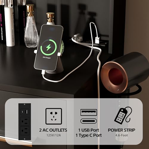 image for Furmax Vanity Desk with Mirror, LED Lights and Power Outlet Makeup Van