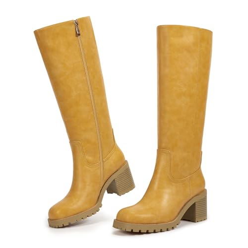 ISNOM Knee High Boots Women Square Toe Block Heel Riding Boots with Chunky Non-Slip Lug Sole Side Zipper Comfortable Campus Tall Boot2