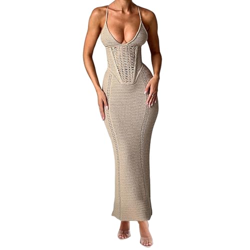 Image of BOLLEY JOSS Women Crochet Knit Bodycon Maxi Dress Sexy V Neck Backless Hollow Out Lace Up Corset Dress Sundress Beach Dresses