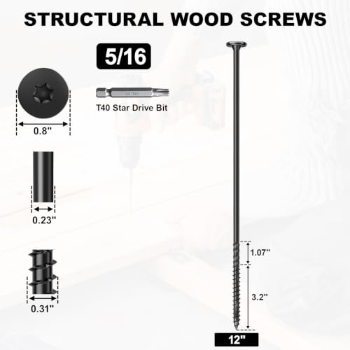 Image of FMhotu 250Pcs Black Star Drive Wood Screws 12 inch - Rust Resistant Timber Deck Screws for Landscaping, Log & Timber Wood - Heavy-Duty Outdoor Fasteners (5 /16 inchx12 inch Black