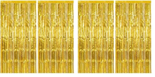 Image of 4 Pack Gold Fringe Curtain Backdrop Tinsel Streamers Birthday Party Decorations Christmas Photo Booth Backdrop Halloween New Year Graduation Baby Shower Theme Party Decorations