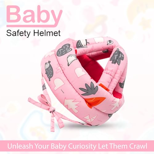 Image of GLUN Baby Head Safety Helmet, Pack of 1 Pink Printed Colour, Lightweight & Breathable Safety Head Protector Helmet, Crawling, Soft Cushion Safety Headguard, 6-12 Months Cushion Bumper