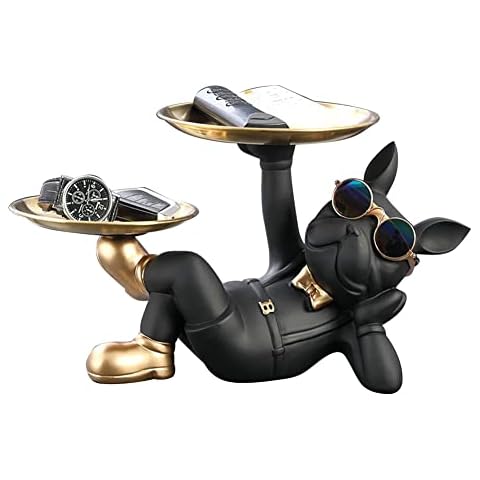 AZURAOKEY Resin Cool Dog Sculpture Dog Butler Statue Creative Cute with 2 Tray Lying French Bulldog Figurine Sculptures Table Crafts Bottom Anti-slip for Home Office Gift Cover