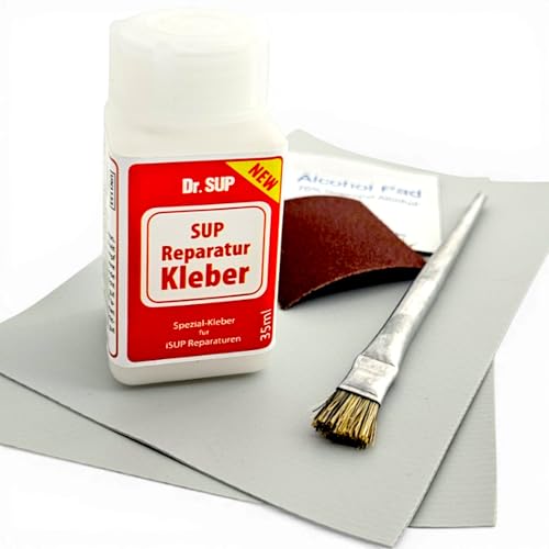 Dr. SUP Reparatur Set 35ml | iSUP Kleber + 2 Patches + Pinsel + Schleifmittel | Reparaturset für aufblasbare SUP Boards & Schlauchboote