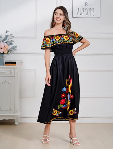 Image of IDOPIP Mexican Dress for Women Off Shoulder Traditional Mexican Fiesta Dress Floral Sunflower Cinco De Mayo Mexican Outfit