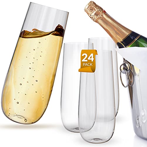 Perfect Settings 24 Pack Clear Unbreakable Plastic Champagne Flutes - Stemless Wine Glass 9 Ounce - For Celebrations Or Elegant Events - Reusable Plastic Champagne Stemless Flutes #TOP3