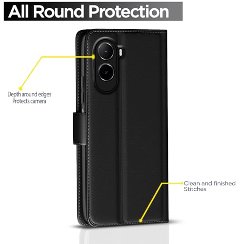 Image of Pikkme Flip Cover for Mi Redmi A7 Pro /Poco C85x 5G / C81 Leather Finish | Inside TPU with Card Pockets | Wallet Stand and Shock Proof | Complete Protection Flip Case (Black)