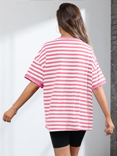 Takeyal FY_021 Women'S Striped Tshirts Oversized Color Block Striped Crew Neck Summer Short Sleeve Tops Casual Workout Tops Light Pink thumb #3