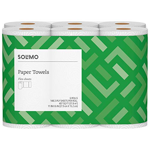 Amazon Brand - Solimo Basic Flex-Sheets Paper Towels, 6 Value Rolls, White, 148 Sheets per Roll