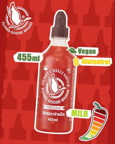 FLYING GOOSE Sriracha Chilisauce, Sweet Chilli Sauce, braune Kappe, süß-scharfe Würzsauce aus Thailand, vegan, glutenfrei, 1 x 455 ml