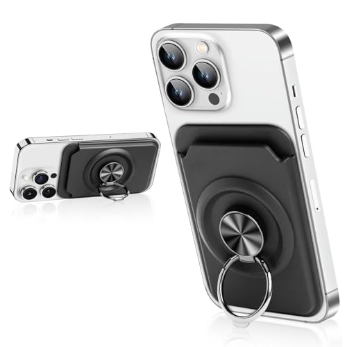 TOKNOOME for Magsafe Wallet, Magnetic Card Holder Wallet with 360° Rotating Finger Ring Stand for All Cell Phones, Fit 1-3 Cards, Slide Easy Card Take Design (Jet Black)