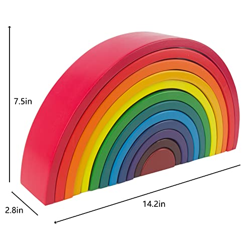 Woodenfun Large Wooden Rainbow Stacker For Toddlers, 12 Pcs Bright Colors Rainbow Stacker Wooden Baby Toy – Stacking Game Building Blocks For Kids - 14” X 7” X 2.75” #TOP1