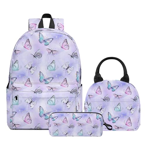 Image of Butterfly Printed Backpack Set for Girls Kids, 3Pcs Bookbag with Pencil Case for school, 17 Inch Lightweight Laptop Backpack with Lunch Bag for Women Teens Office, High School