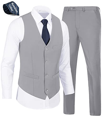 WOMS Mens 2 Pieces Suits Vest Pants Set Slim Fit Wedding Groomsmen Suit for Men Formal