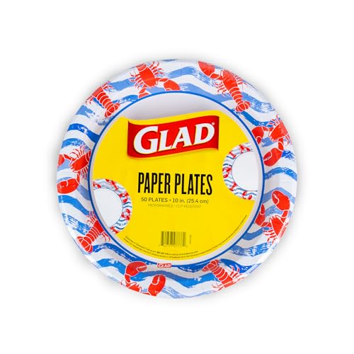 Glad Disposable Paper Plates Lobster Waves Design - Soak Proof Cut-Resistant and Microwavable for All Foods Great for Beach Parties and Everyday Meals Multicolor 10 Inch 50 Count