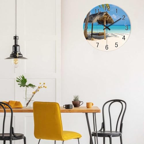 Image of XFM Tropical Beach Wall Clock Battery Operated 12 Inch | Silent Non-Ticking Battery Operated Blue Coastal Modern Decorative for Living Room Kitchen Bedroom Office