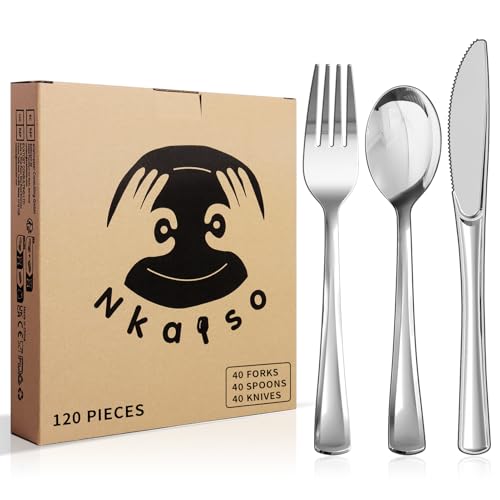 Nkaiso 120 Pièces Argent Couverts Réutilisables, 40 Fourchettes, Cuillères & Couteaux, Réutilisables Vaisselle Parfaits pour les Fêtes d'Anniversaire, les...