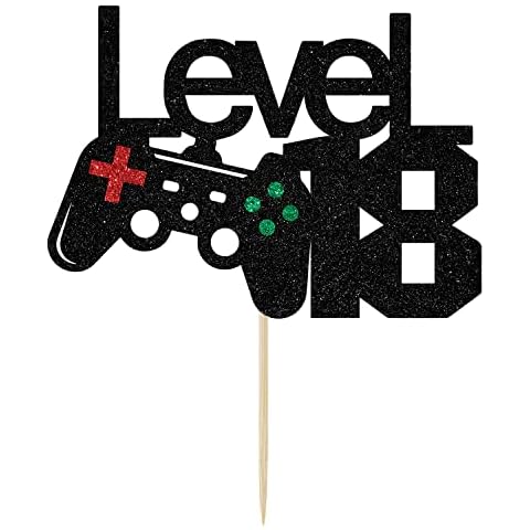 Colorfulparty Black Glitter Level 18 Cake Topper - Level Up 18th Birthday Cake Topper - Happy 18th Birthday, 18 Year Old for Gamer Theme Party Decorations Cover