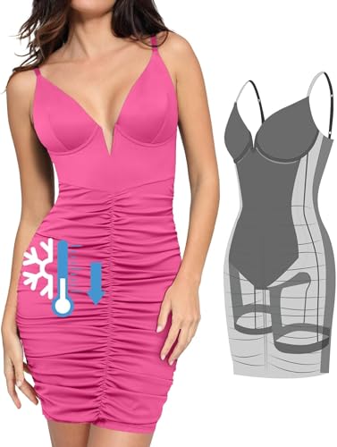 Image of Popilush Corset Midi Dress Deep V-Neck Adjustable Strape Summer Ruched Dresses Tummy Control Built in Shapewear