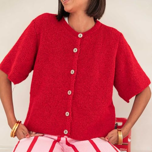 Image of Womens Button Up Short Sleeve Cardigans Sweater Cropped Lightweight Round Neck Elegant Knit Tops with Pockets